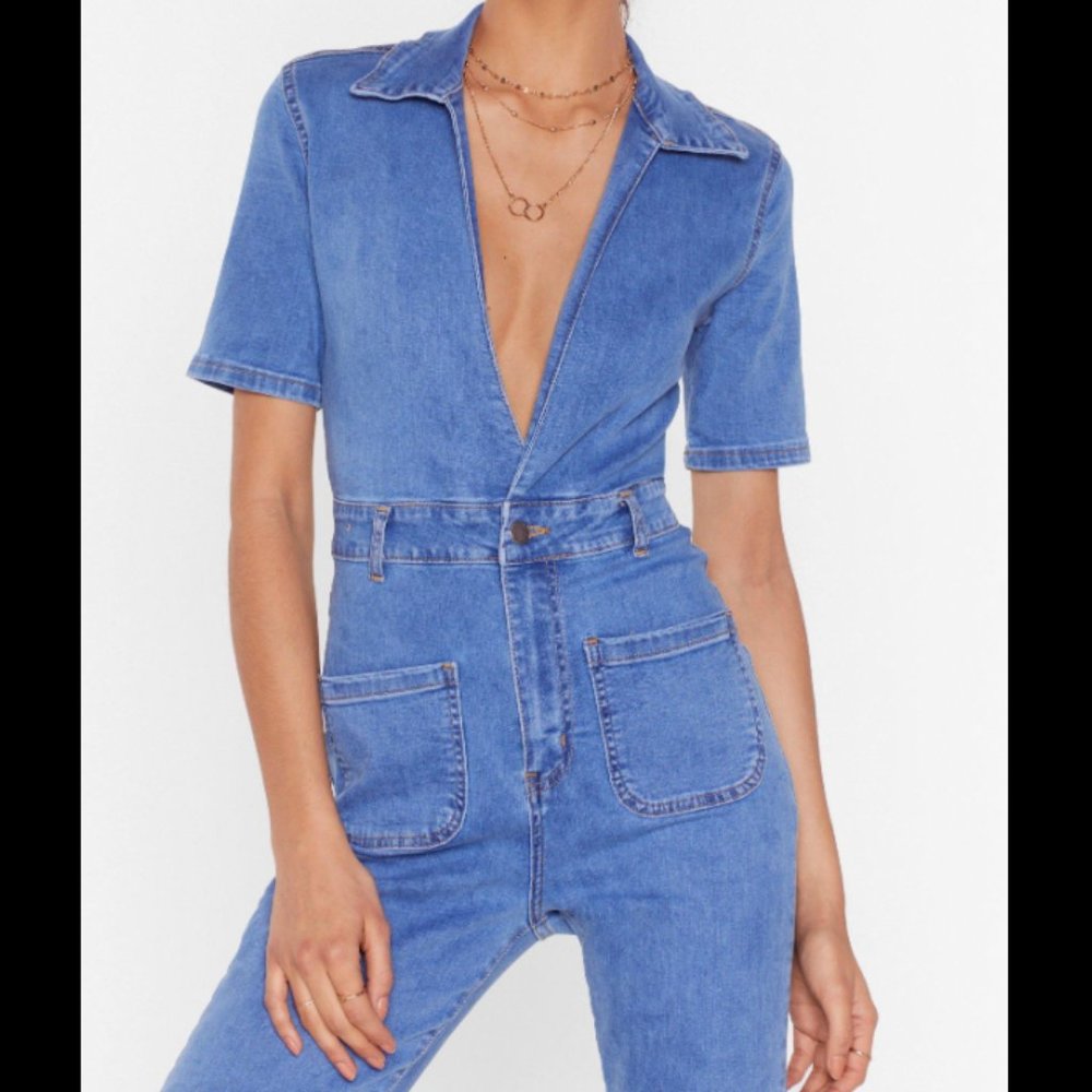 Nasty Gal Blue Denim Short Sleeve Jumpsuit